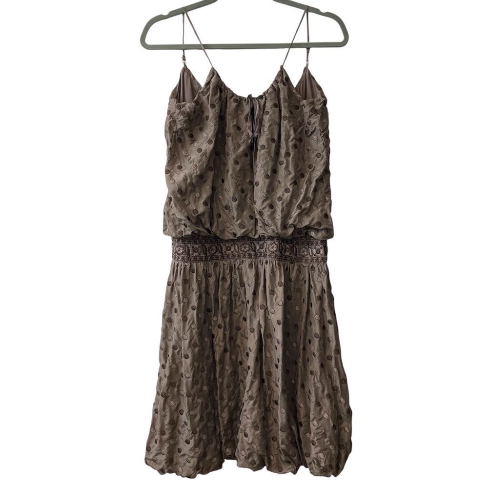 BCBGMaxAzria Collection Brown Silk Embroidered Polka Dot Bubble Hem Dress